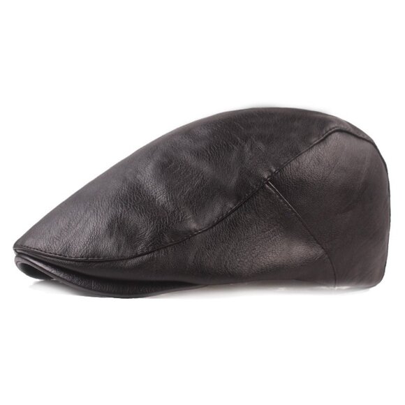 Black Mens Faux Leather Newsboy Ivy Flat Cap Driver Hat Vintage Golf Cabby Style - Picture 1 of 5